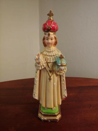 Vintage Jesus Infant Of Prague Hand Painted Chalkware Religious Statue Italy 9 "