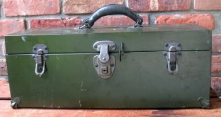Rare Army Green Union Steel Tool Box Chest Leather Handle Tray & Key Vgc Vintage
