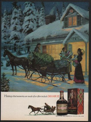 1976 Drambuie Liquor - Horse & Sleigh - Christmas Tree - Snow - Vintage Ad