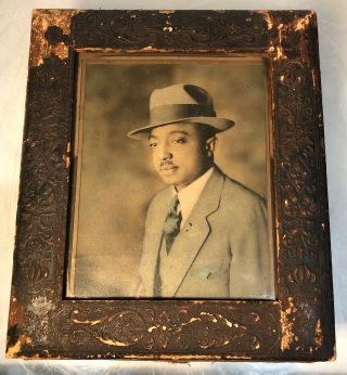 Vintage Portrait Photo African American Man In Fedora Antique Leather Wood Frame