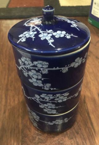 Vintage Taiwan Roc Asian Chinese Porcelain 3 Tier Stacking Rice Bento Bowls
