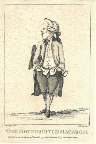 Revolutionary War 1772 British Comic Print Of A " Macaroni " Dandy " Yankee Doodle "