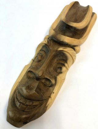 Vintage 17 " West Africa Ghana Carved Brown Solid Wood Smiling Face Folk Art Mask