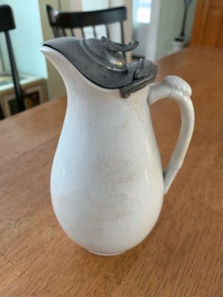 Antique Early White Ironstone Pitcher With Pewter Lid,  Maine