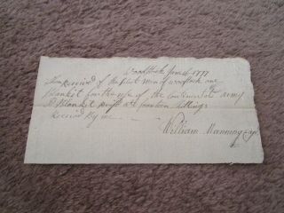 12 War 1777 Continental Army Receipt For Blanket In Woodstock Vt / Capt Manning