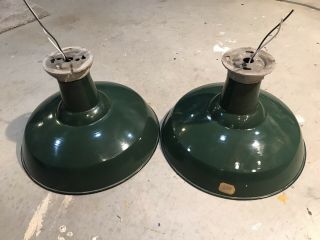 2 Vintages 16” Green Enamel Porcelain Gas Station Barn Lights Industrial