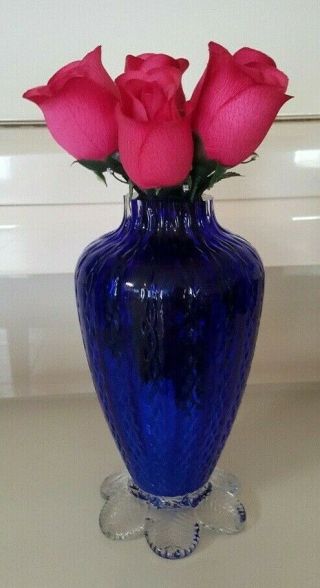 Rossi Glass Footed Cobalt Blue Flower Vase Vertical Columns And Wheat Leaves