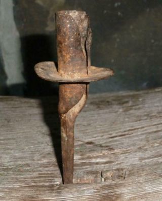 18th C Antique Wrought Iron Colonial Era Lighting Candlestick Spike Primitive Nr