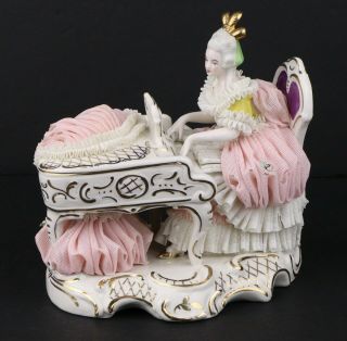 Wr Dresden Porcelain Germany Figurine Lady Playing Piano Pink Lace Dress Music