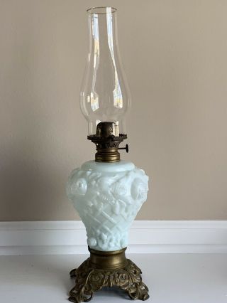 Antique 19th Century Victorian Milk Glass Cabbage Rose Oil Lamp - 1868