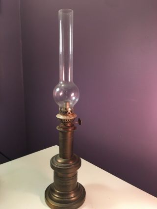 Antique Brass French Pump Lamp With Chimney Circa 1800