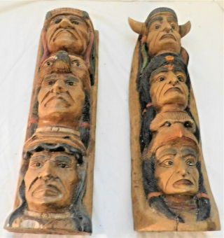 2 Rare Vintage Solid Wood Totem Poles Native American Wood Carving 20 " Statues