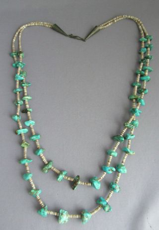 Vintage Old Pawn Sterling 2 Double Strand Heishi Mixed Turquoise Bead Necklace