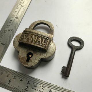 An Old Or Antique Brass Padlock Lock Key Decorative Shape " Kamal "