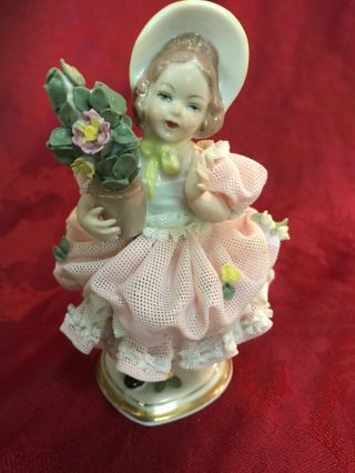 Dresden Sandizell Porcelain Lace Little Girl Wearing Bonnet With Flower Pot 5.  5”
