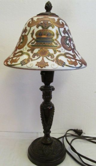 Gorgeous Vtg Moghul Bombay Co.  Heavy Bronzed Lamp Painted Enameled Glass Shade
