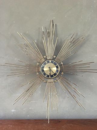 Vintage Mid Century Sunburst Starburst 8 Day Wall Clock Made In Germany Runs