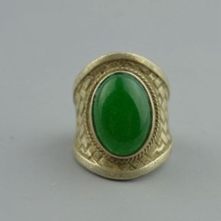 Ancient China Collectable Decor Old Miao Silver Inlay Green Jade Auspicious Ring