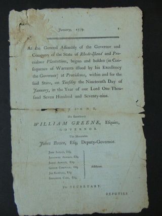 C.  1779 R.  I.  Revolutionary War Document - Gov.  Greene Order To General Assembly