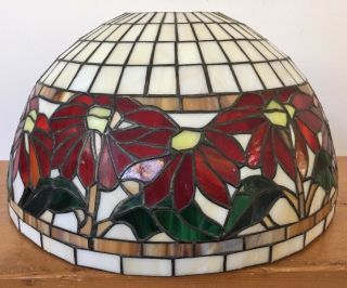 Vtg Tiffany Style Poinsettias Holiday Leaded Stained Glass Dome Lamp Shade 13 "