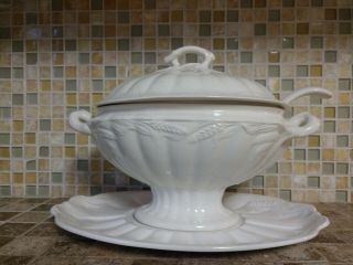 Vintage White Ironstone Soup Tureen Wheat Under Plate Ladle Wilkinson England