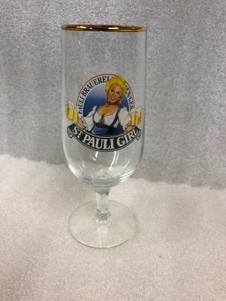 Vintage St.  Pauli Girl Stemmed Beer Glass Gold Rim 7 " Cut Glass Stem
