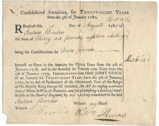 Rare Revolutionary War Era Joint Stock 30 Year Annuity Interest Payment 1785