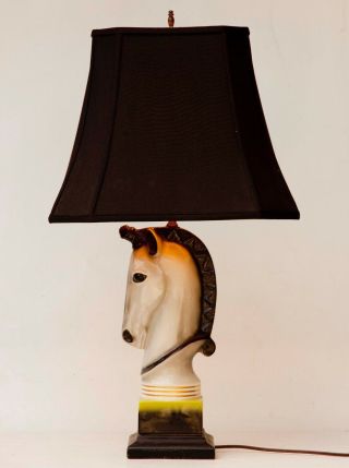 VINTAGE ART DECO STYLE CERAMIC HORSE HEAD TABLE LAMP WOOD BASE 2