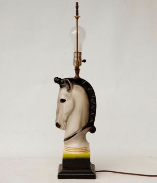 VINTAGE ART DECO STYLE CERAMIC HORSE HEAD TABLE LAMP WOOD BASE 3