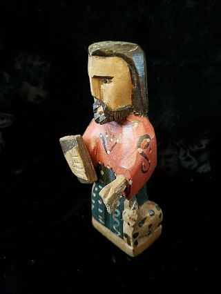 Vintage Hand Carved Wood Santos Saint With Book & Dog Hand Painted Wood Statue
