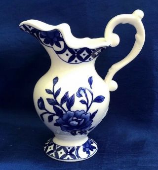 Vintage Blue And White Floral Ceramic Porcelain Pitcher Vase London Pottery