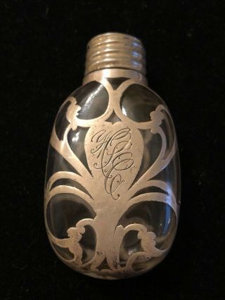Antique Sterling Silver Overlay Perfume Bottle Flask.