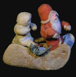 Vintage Clay Faced Santa & Snow Baby Riding In Santas Sleigh Xmas Tree Ornament