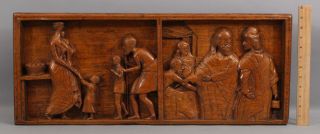 Antique Folk Art Carved 1pc Oak Jesus Healing Leper,  Rich Lady Feeding The Poor