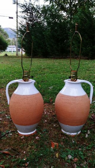 2 Vtg Large European Style Handcrafted Glazed Terracotta Pottery Pitcher Lamps