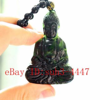 Black Green Jade Buddha Carved Pendant Beads Necklace
