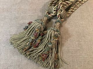 Pair 2 Antique French Tassels Silk Drapery Curtain Tie Backs Red Gold Green