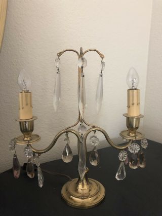 Pair Antique French Brass Crystal Table Lamp Candelabra Candelabras 2 Light