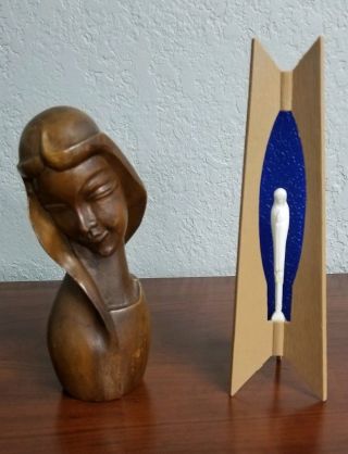 2 Mid Century Modern Mcm Madonna Mother Mary Statues - 1 Wood & 1 Plastic
