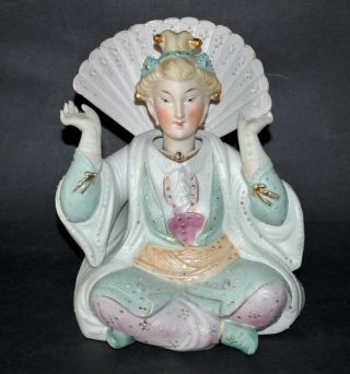 Antique Large Bisque Porcelain Asian Lady With Fan Nodder Figure 6 1/4 " Tall.