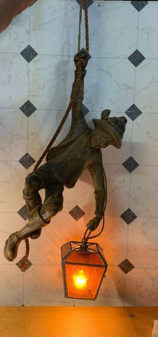 Vintage German Mountain Climber Hanging Lamp Orange Slag Glass Yodeler