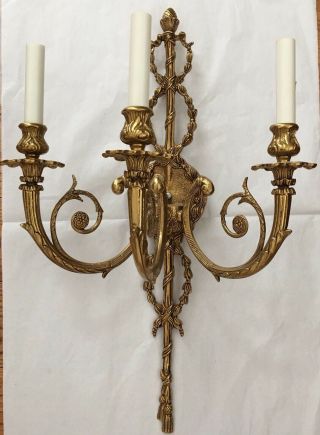 Pair Vintage French Adams Style Brass Tassel Wall Sconce Sconces 26” 4 Avail