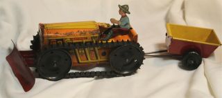 Vintage Louis Marx Climbing Farm Tractor W Plow,  Cart Driver Wind Up Toy