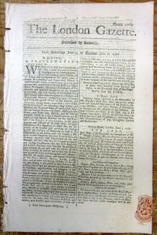 1780 London Gazette Revolutionary War Newspaper With Red Tax Stamp On Front Page