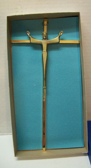 Brass Jesus Wall Cross Crucifix With Box Vintage