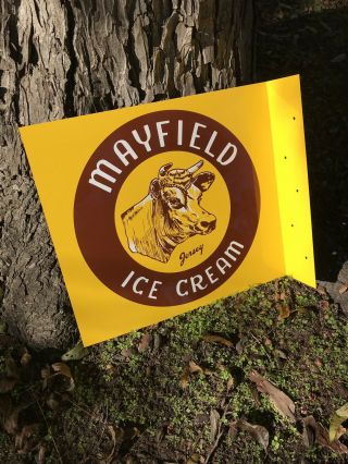 Vintage Mayfield Ice Cream Cow Dairy Farm 2 Sided 20 " Flange Metal Sign