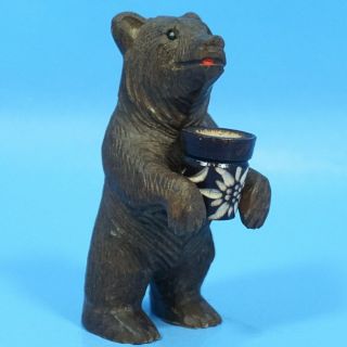 3 " Antique Swiss Black Forest Wood Carving Bear Thimble Holder Brienz Edelweiss