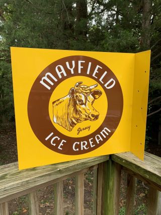 Vintage Mayfield Ice Cream Cow Dairy Farm 2 Sided 20 " Flange Metal Sign