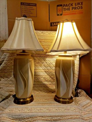 Pair Frederick Cooper Tan White Table Lamps Asian Shade Find