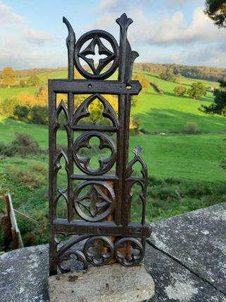19thc GOTHIC WOODEN OAK CARVED ' WINDOW ' WITH QUATREFOILS & ARCHES 2